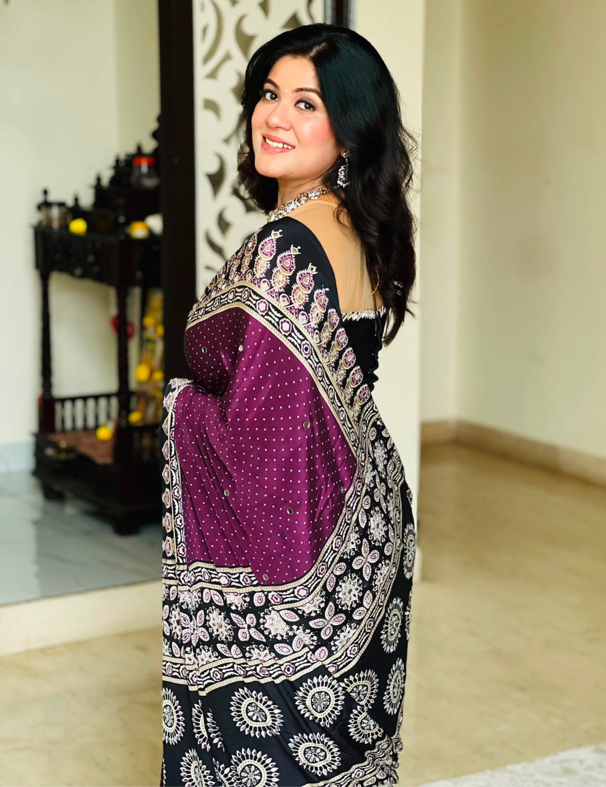 Ajrakh Crepe Silk Mirror Work Saree