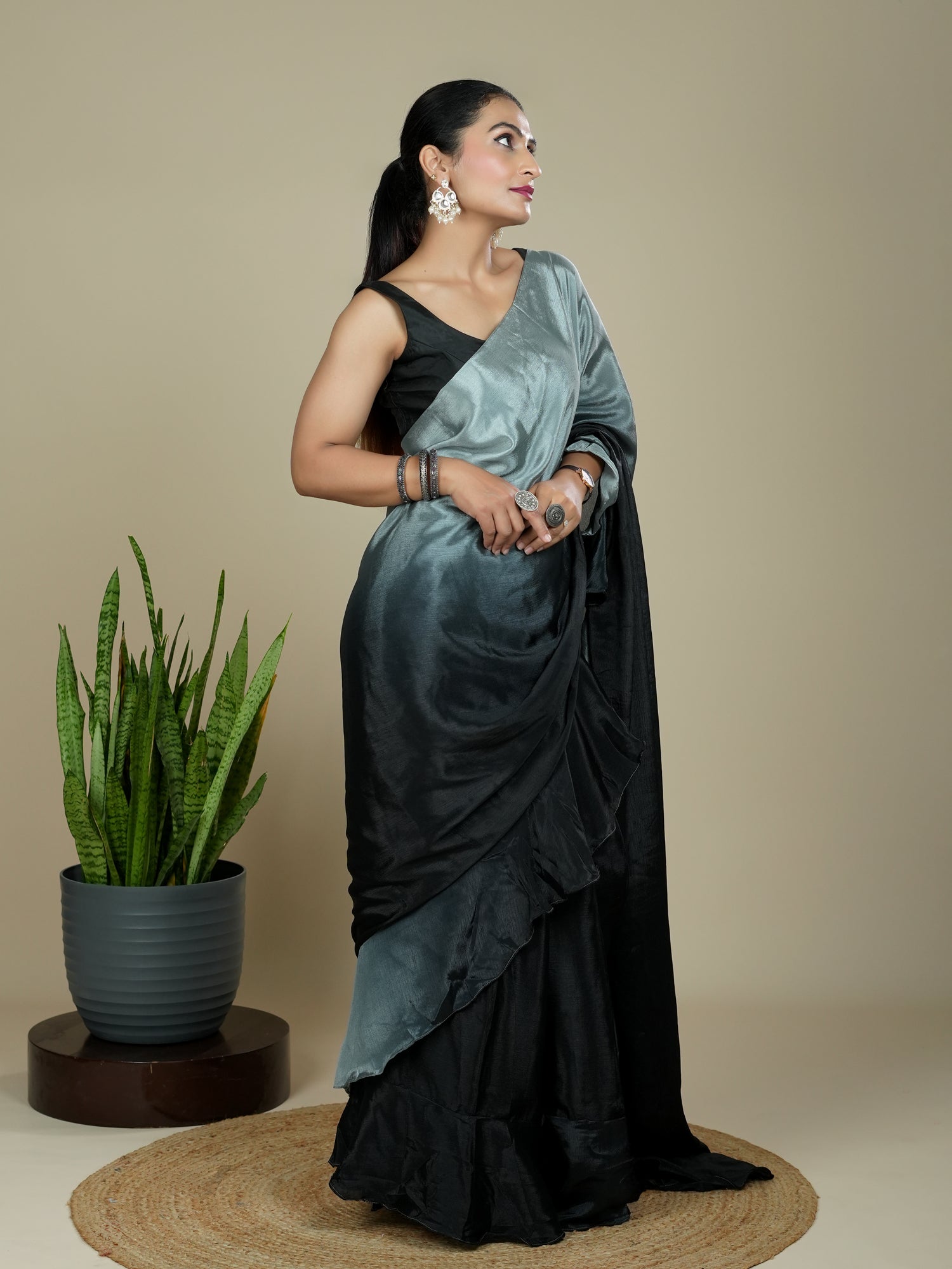 Grey Ready to Wear Party Saree