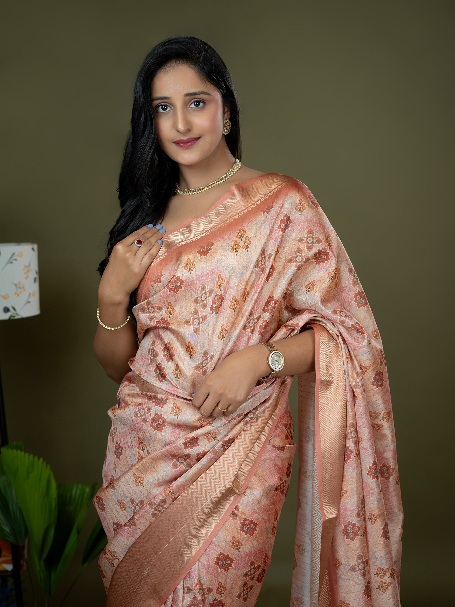 Peach Ajrakh Digital Print Saree