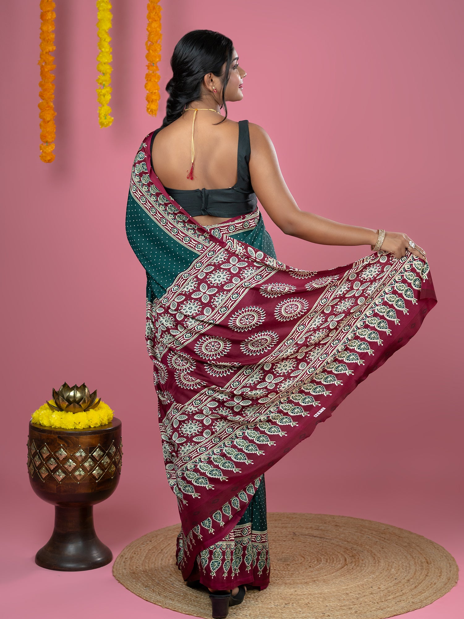 Dark Green Ajrakh Digital Print Saree