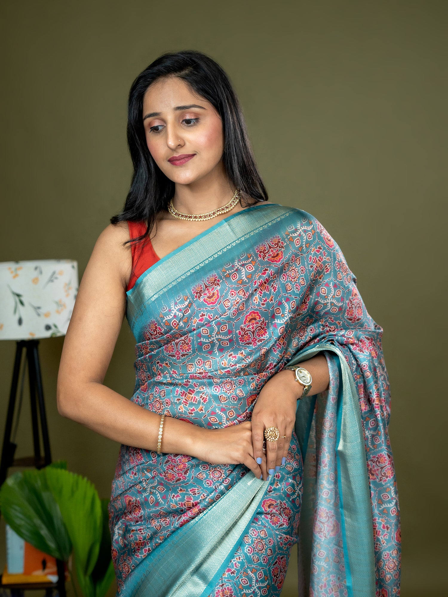 Seagreen Ajrakh Digital Print Saree
