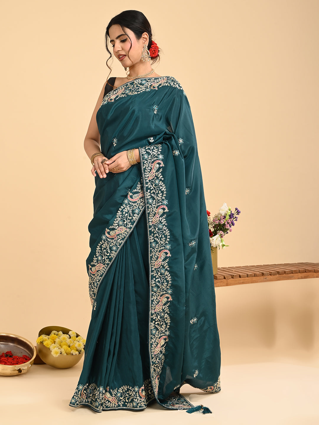 Embroidered Zardozi Crepe Silk Saree