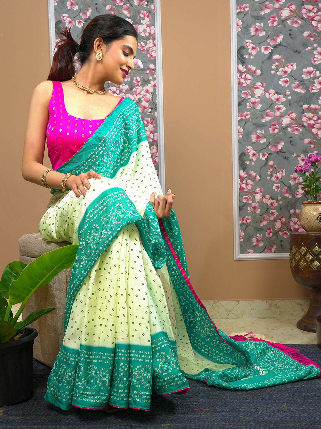 Turquoise Bandhini Saree