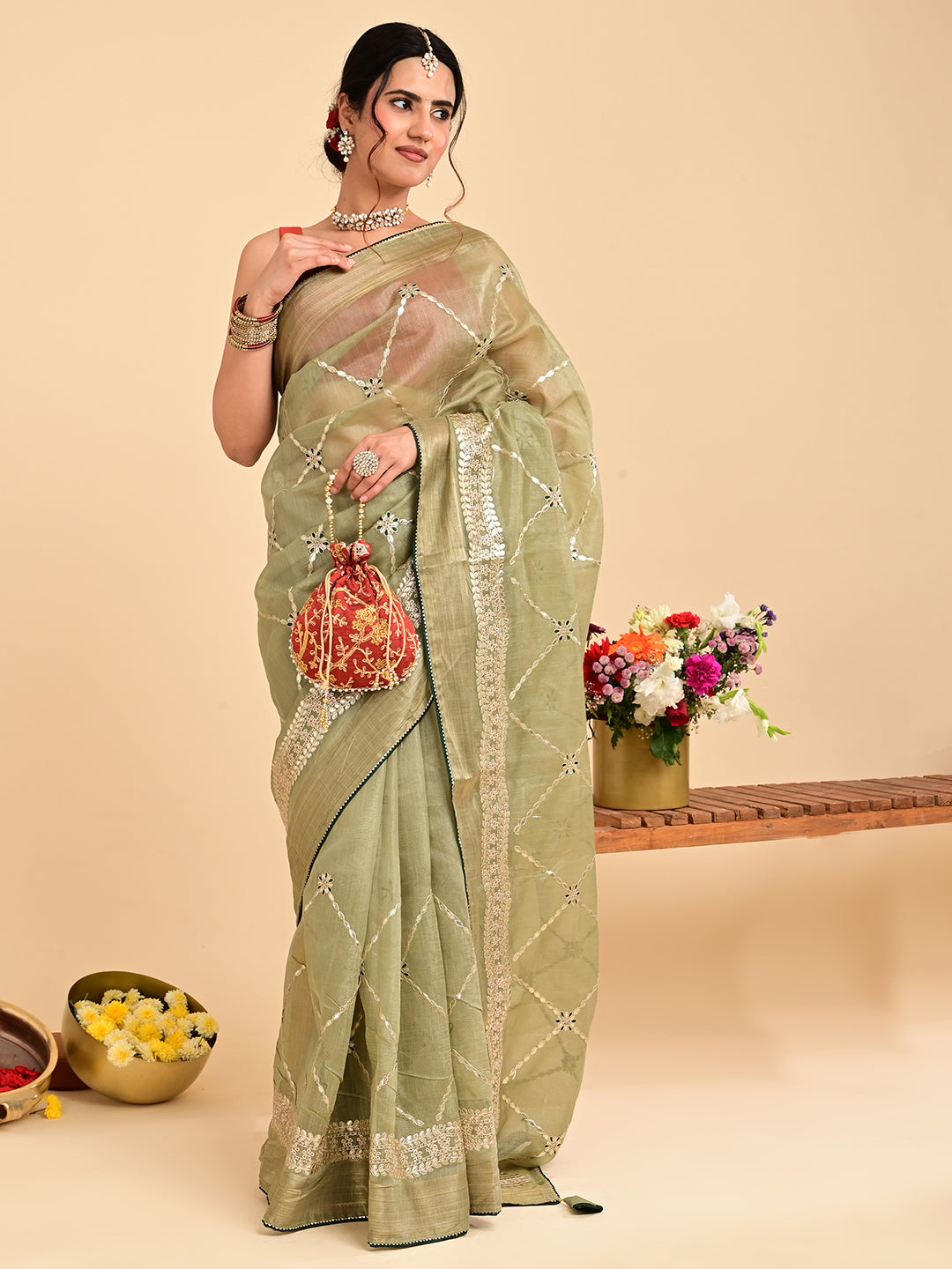 Embroidered Gota Patti Chanderi Saree