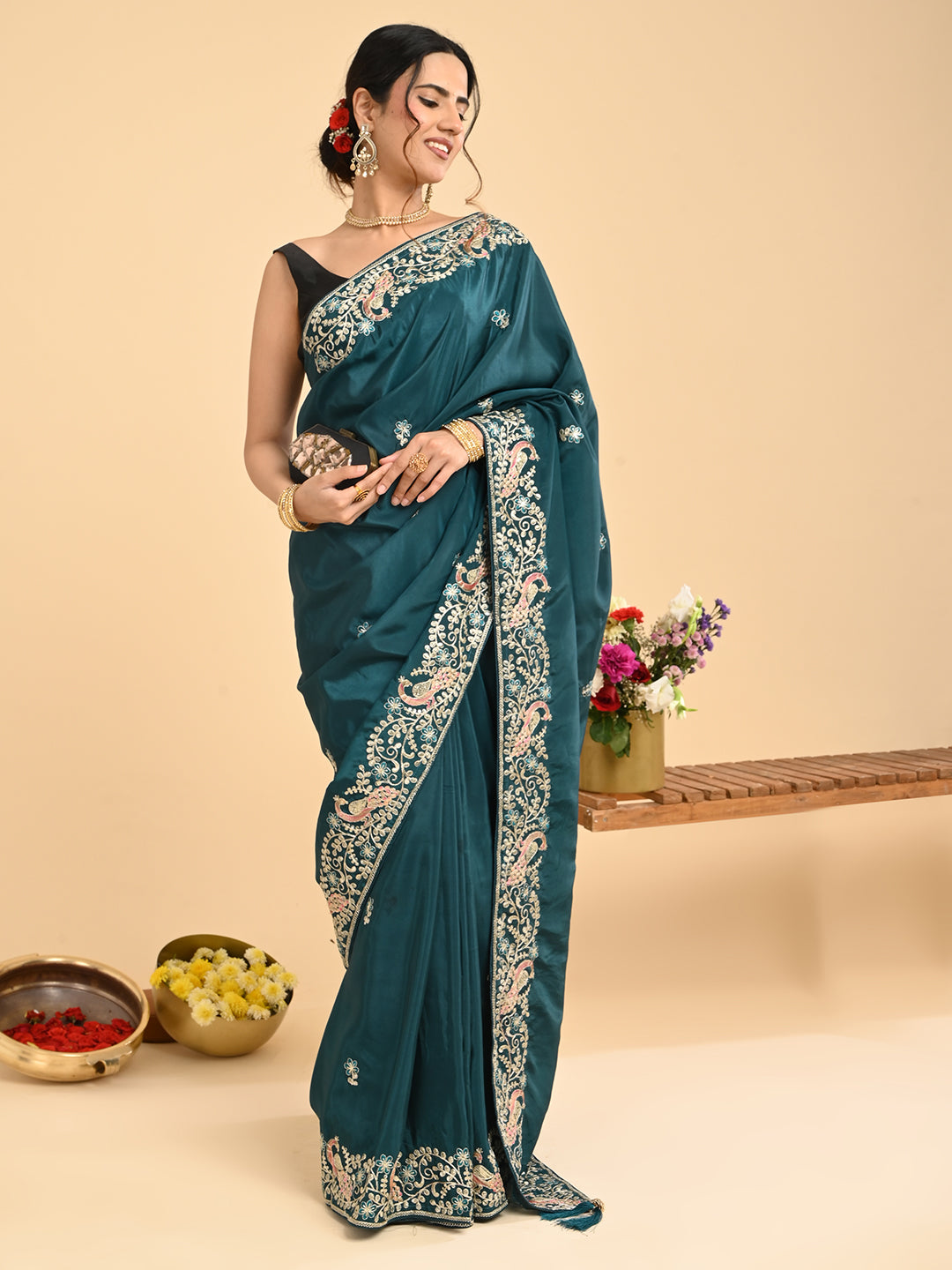 Embroidered Zardozi Crepe Silk Saree