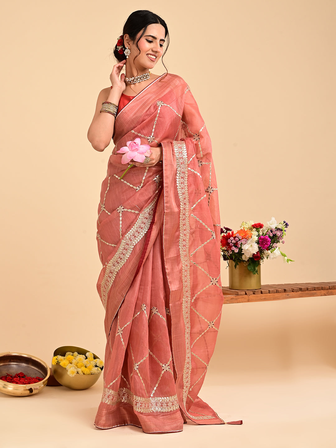 Embroidered Gota Patti Chanderi Saree