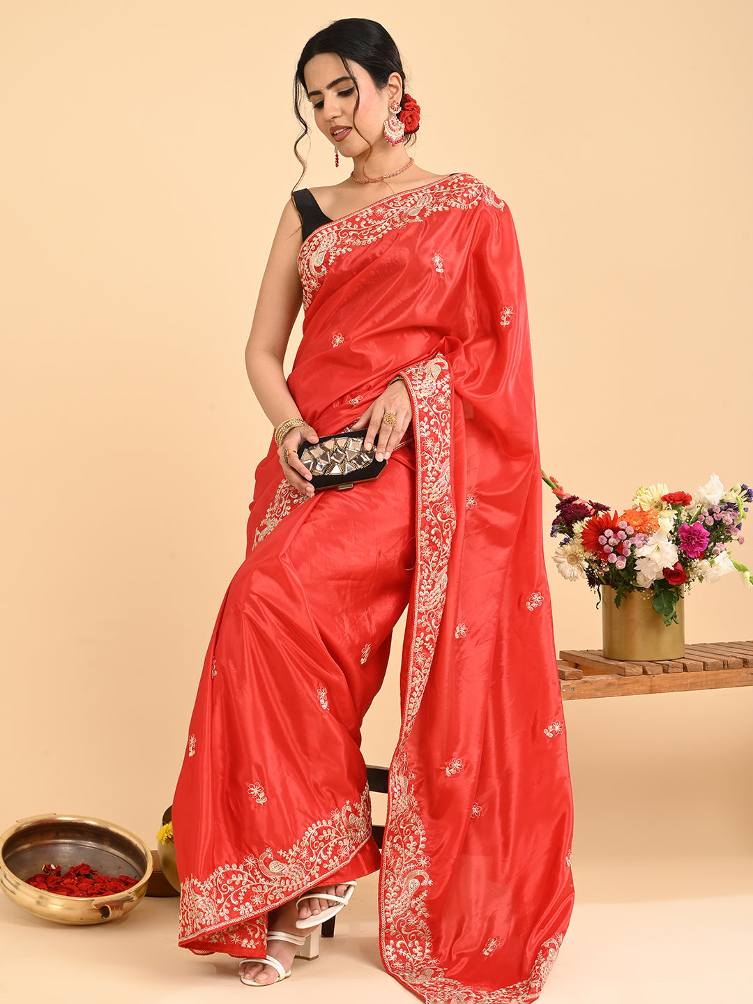 Embroidered Zardozi Crepe Silk Saree