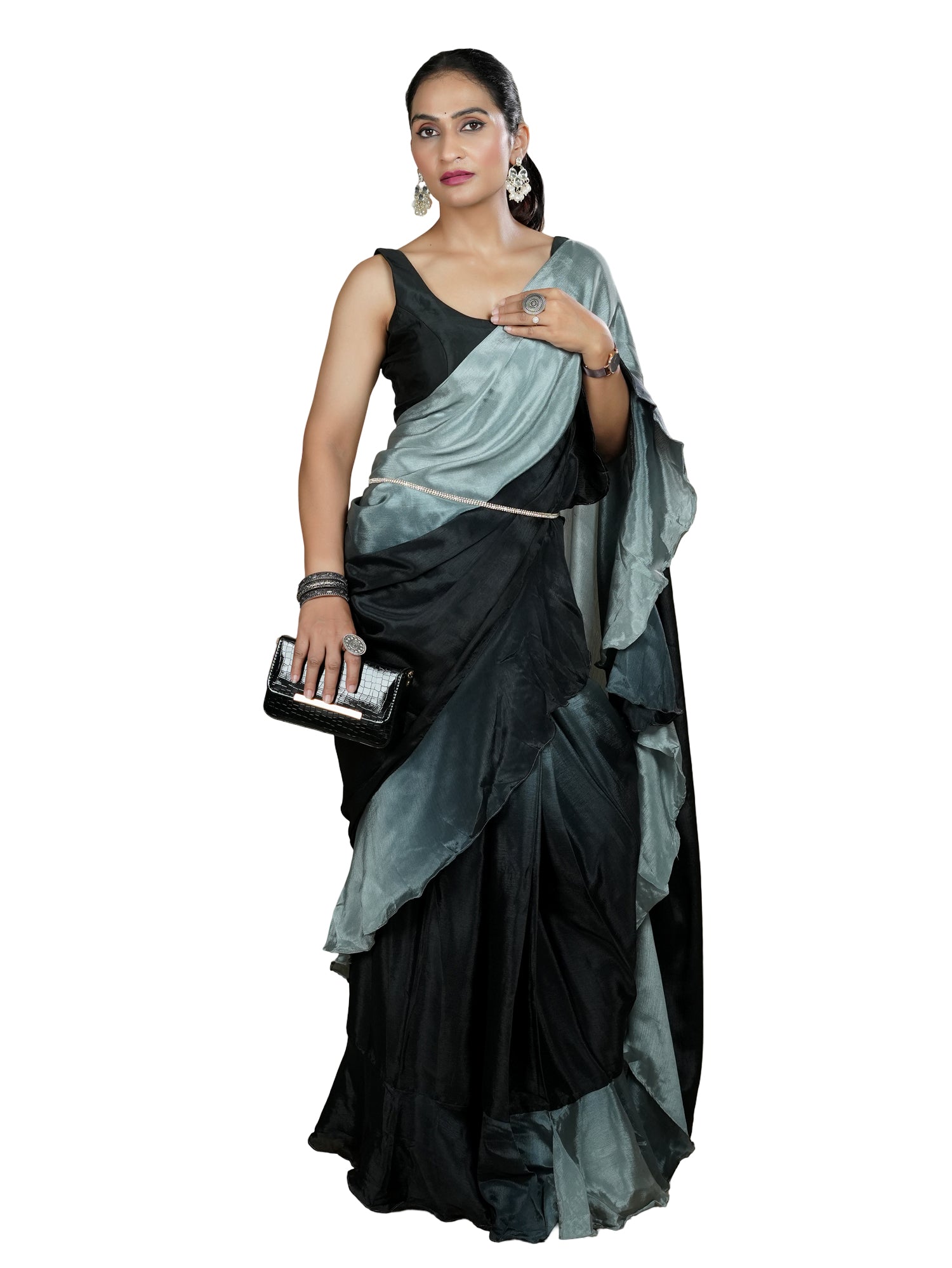 Grey Ready to Wear Party Saree