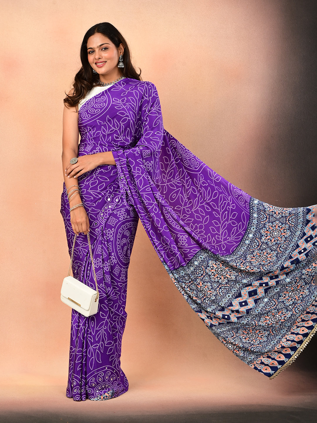 Ajrakh Crepe Silk Mirror Work Saree