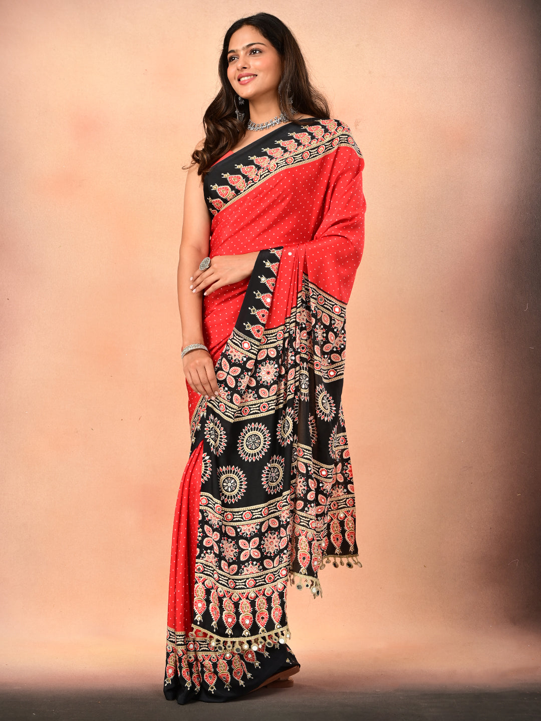 Ajrakh Crepe Silk Mirror Work Saree
