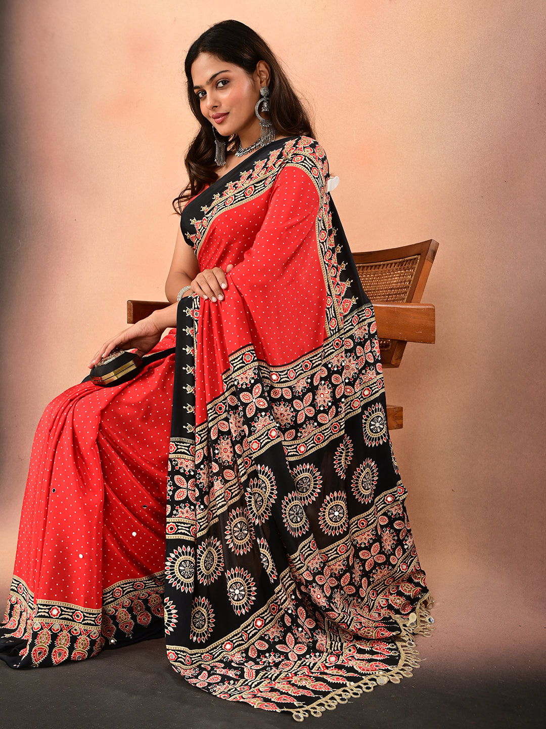 Ajrakh Crepe Silk Mirror Work Saree
