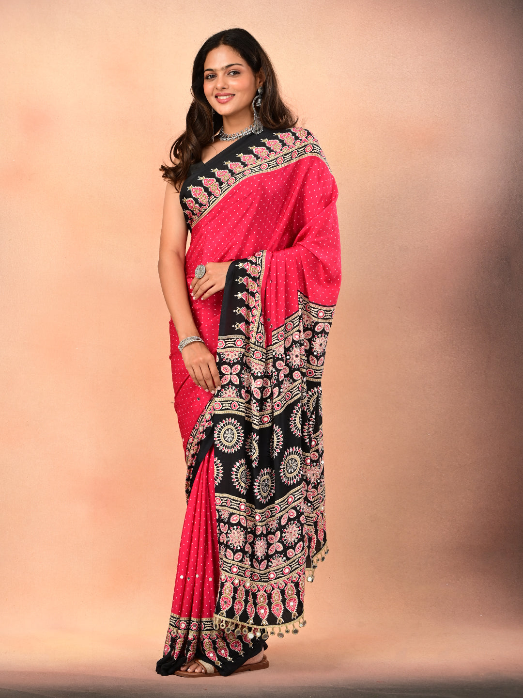 Ajrakh Crepe Silk Mirror Work Saree