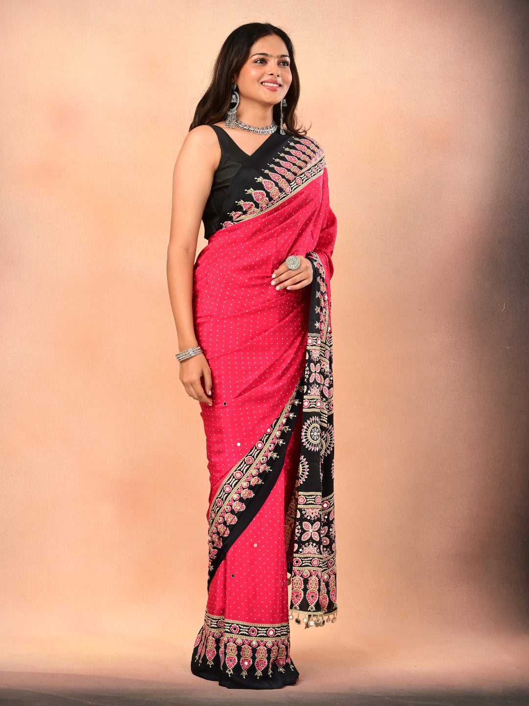 Ajrakh Crepe Silk Mirror Work Saree