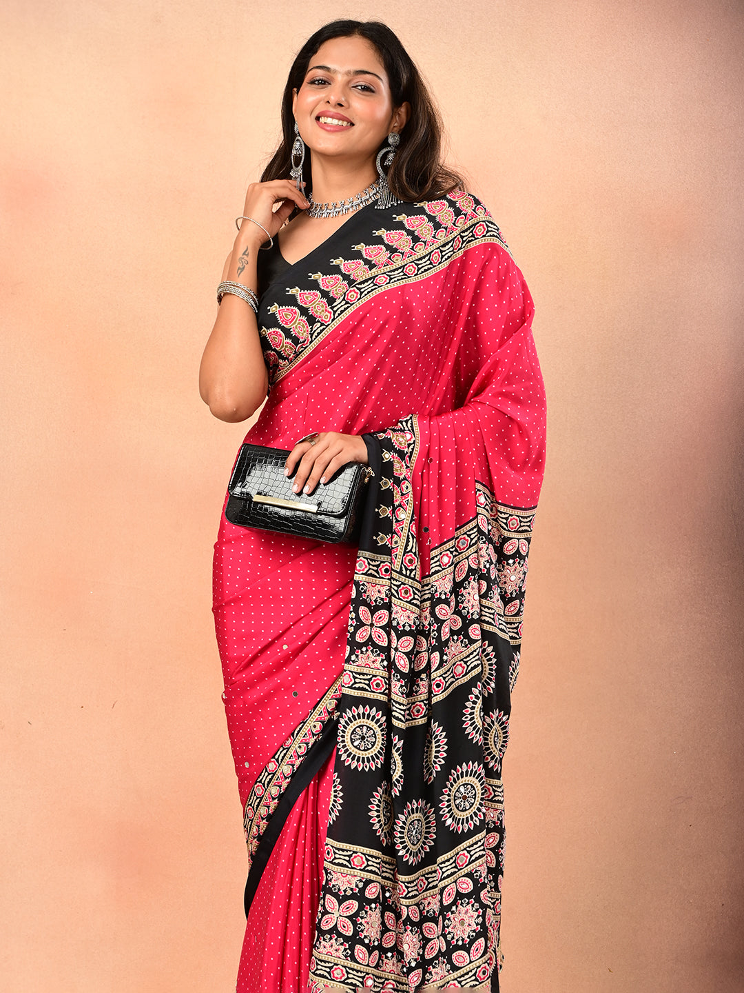 Ajrakh Crepe Silk Mirror Work Saree