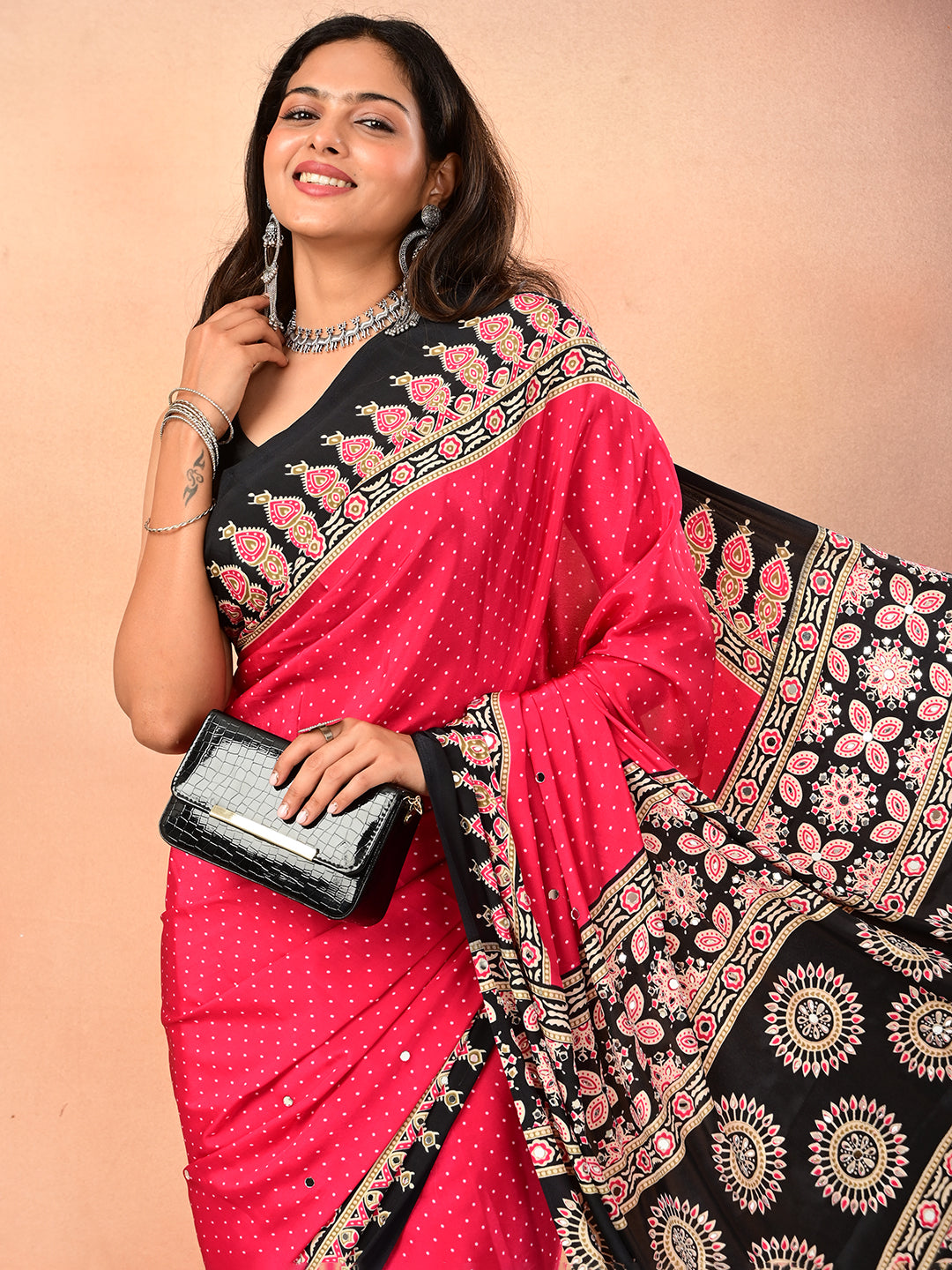 Ajrakh Crepe Silk Mirror Work Saree