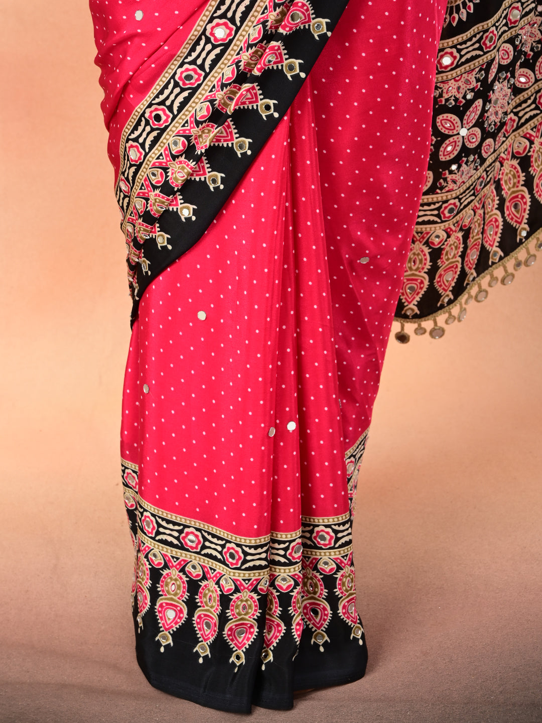Ajrakh Crepe Silk Mirror Work Saree