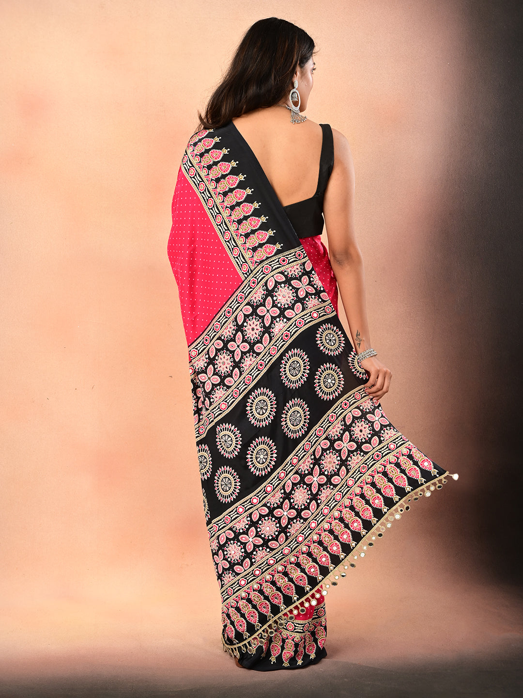 Ajrakh Crepe Silk Mirror Work Saree