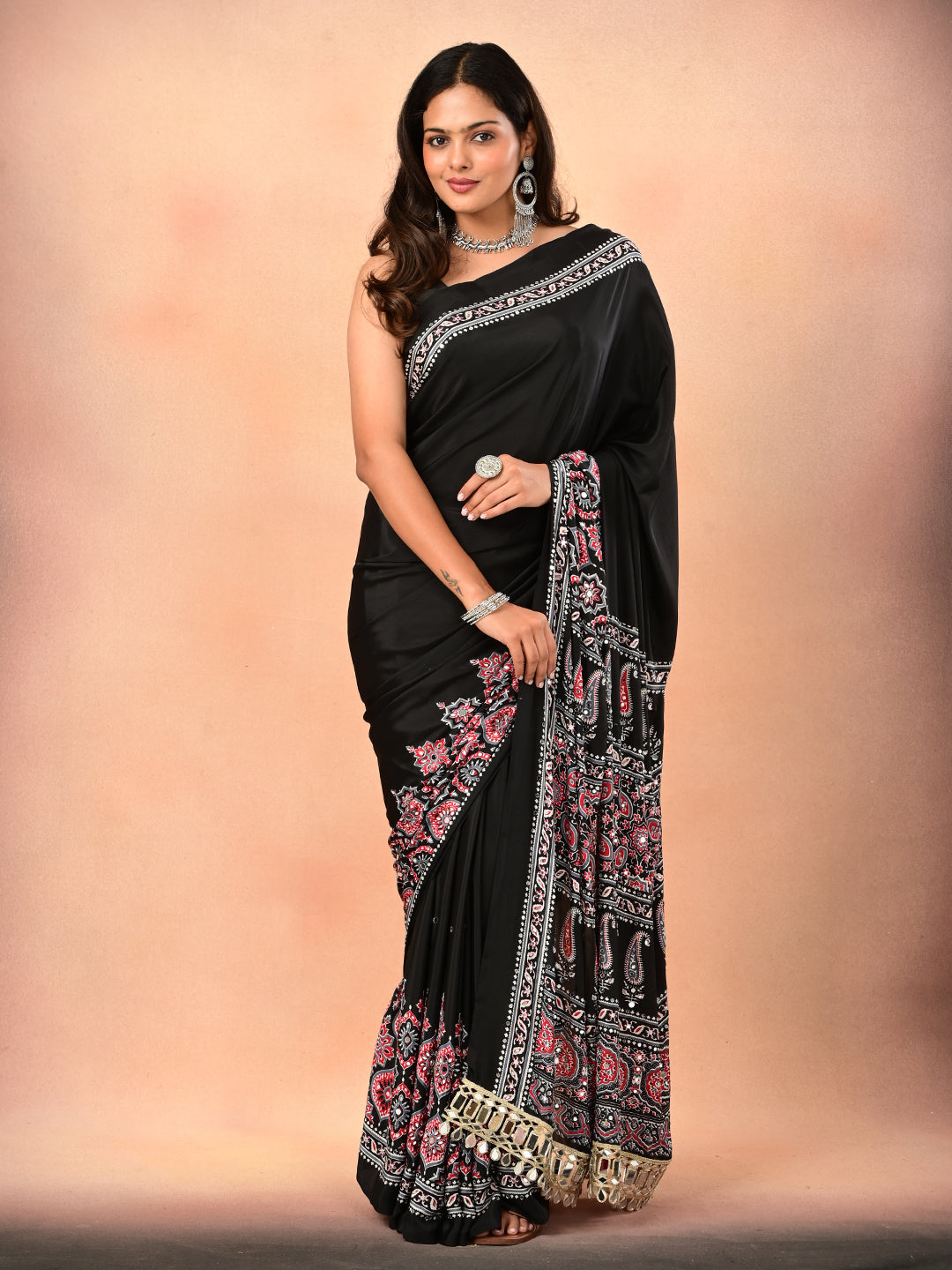 Ajrakh Crepe Silk Mirror Work Saree