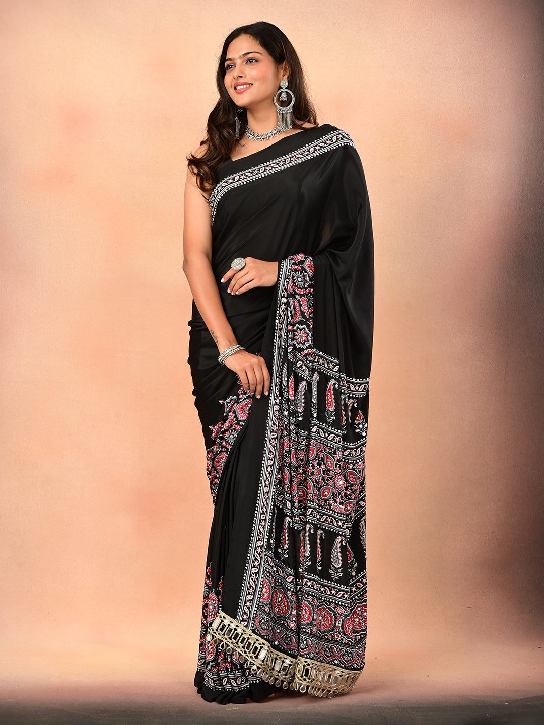 Ajrakh Crepe Silk Mirror Work Saree
