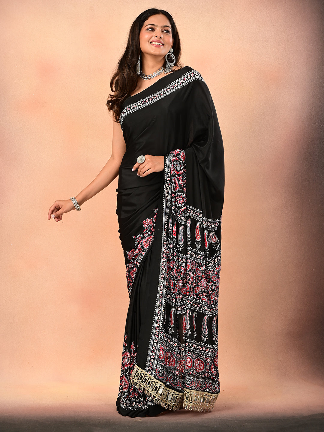 Ajrakh Crepe Silk Mirror Work Saree
