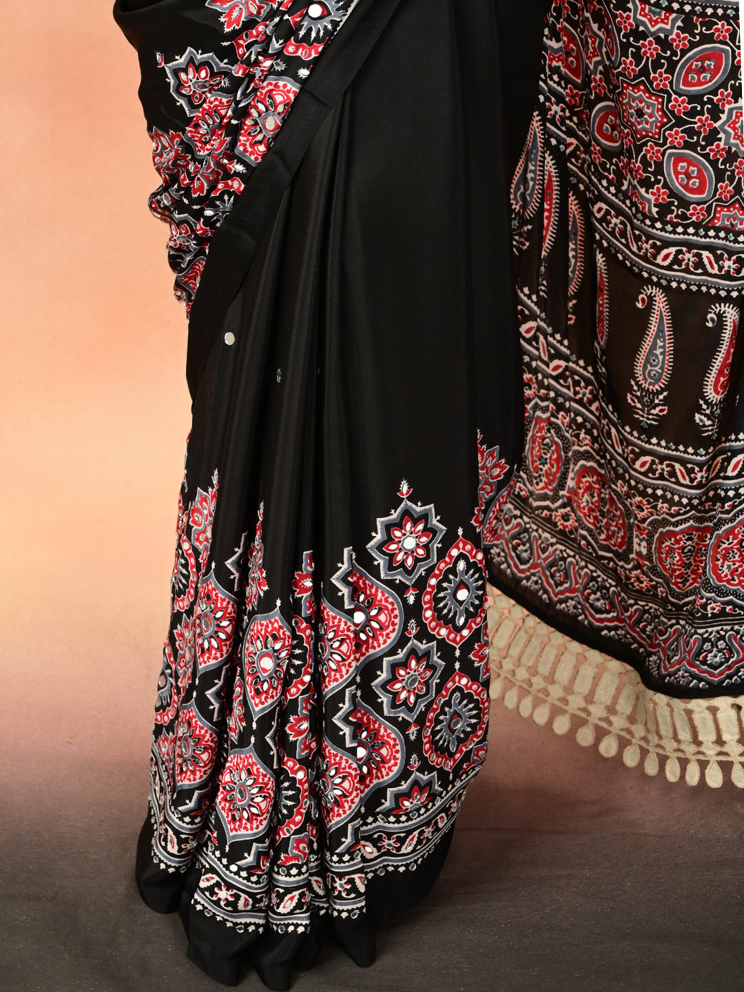 Ajrakh Crepe Silk Mirror Work Saree