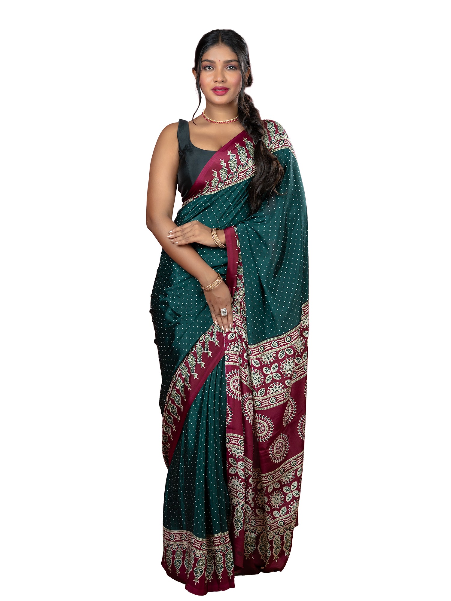 Dark Green Ajrakh Digital Print Saree