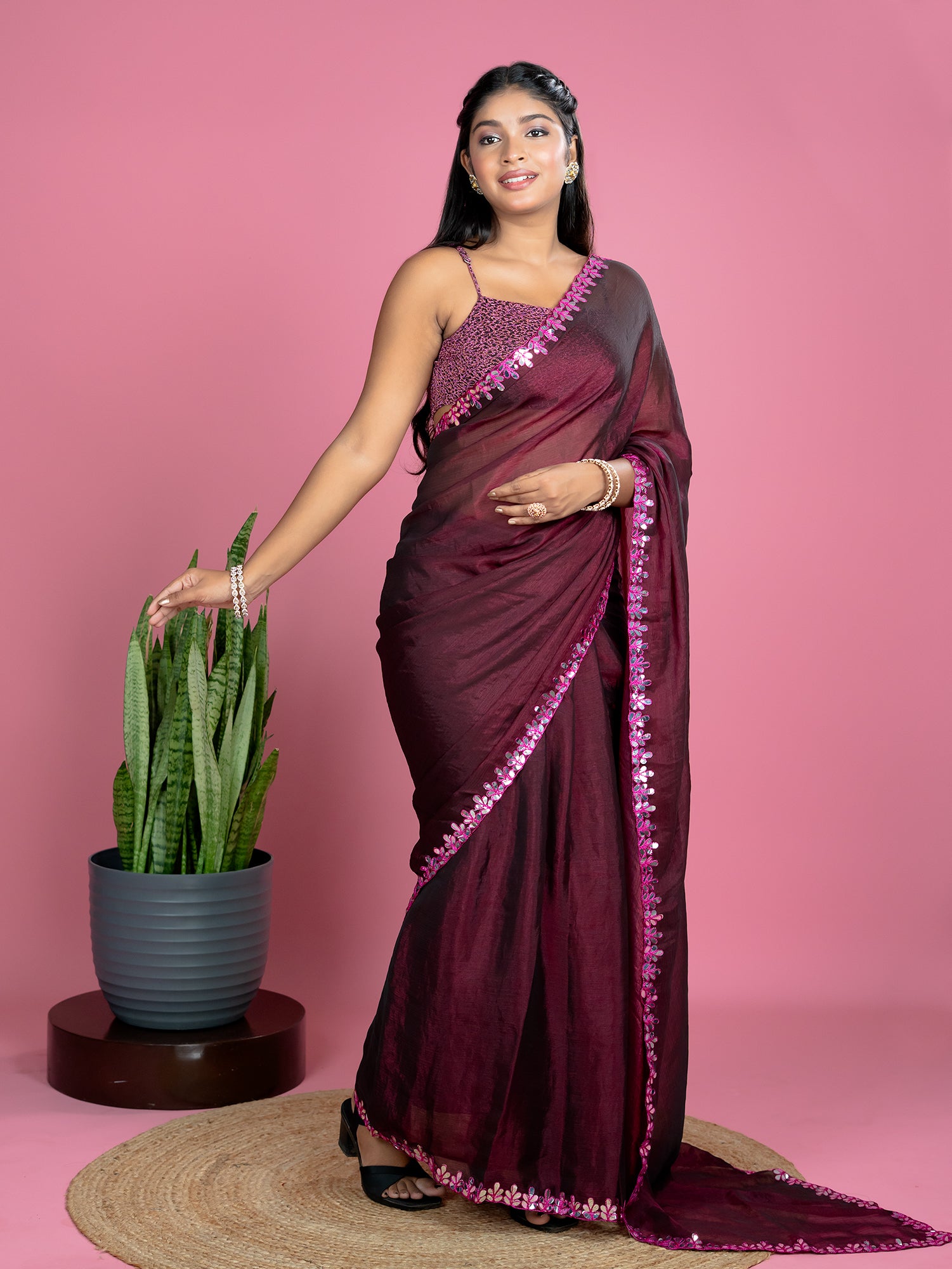 Wine Ready to Wear Party Saree