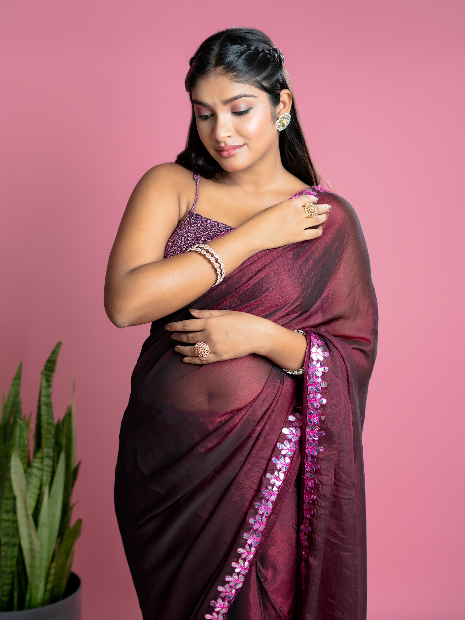 Wine Ready to Wear Party Saree