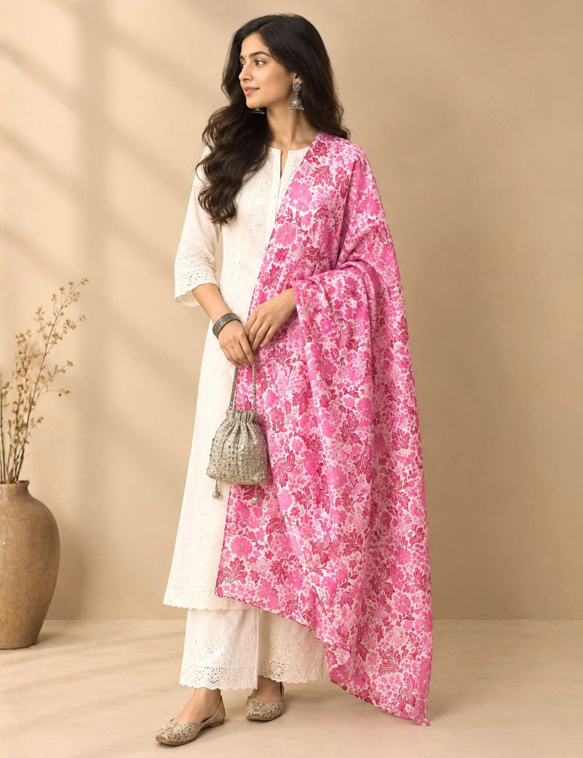 Floral Pink Cotton Dupatta