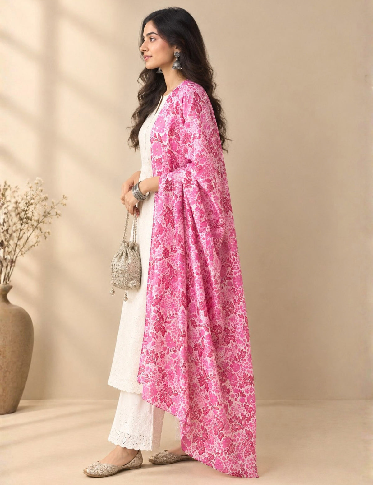 Floral Pink Cotton Dupatta