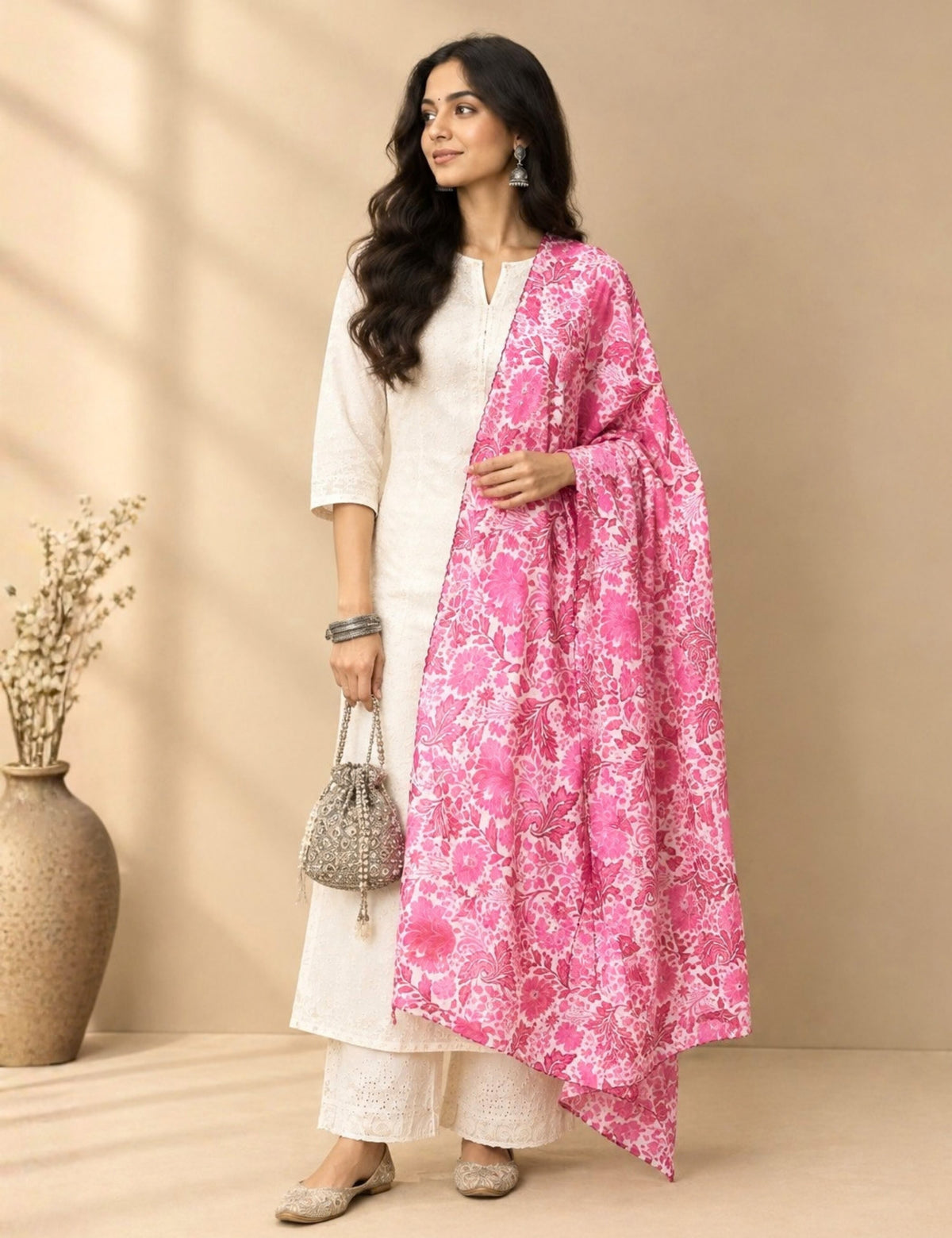 Floral Pink Cotton Dupatta