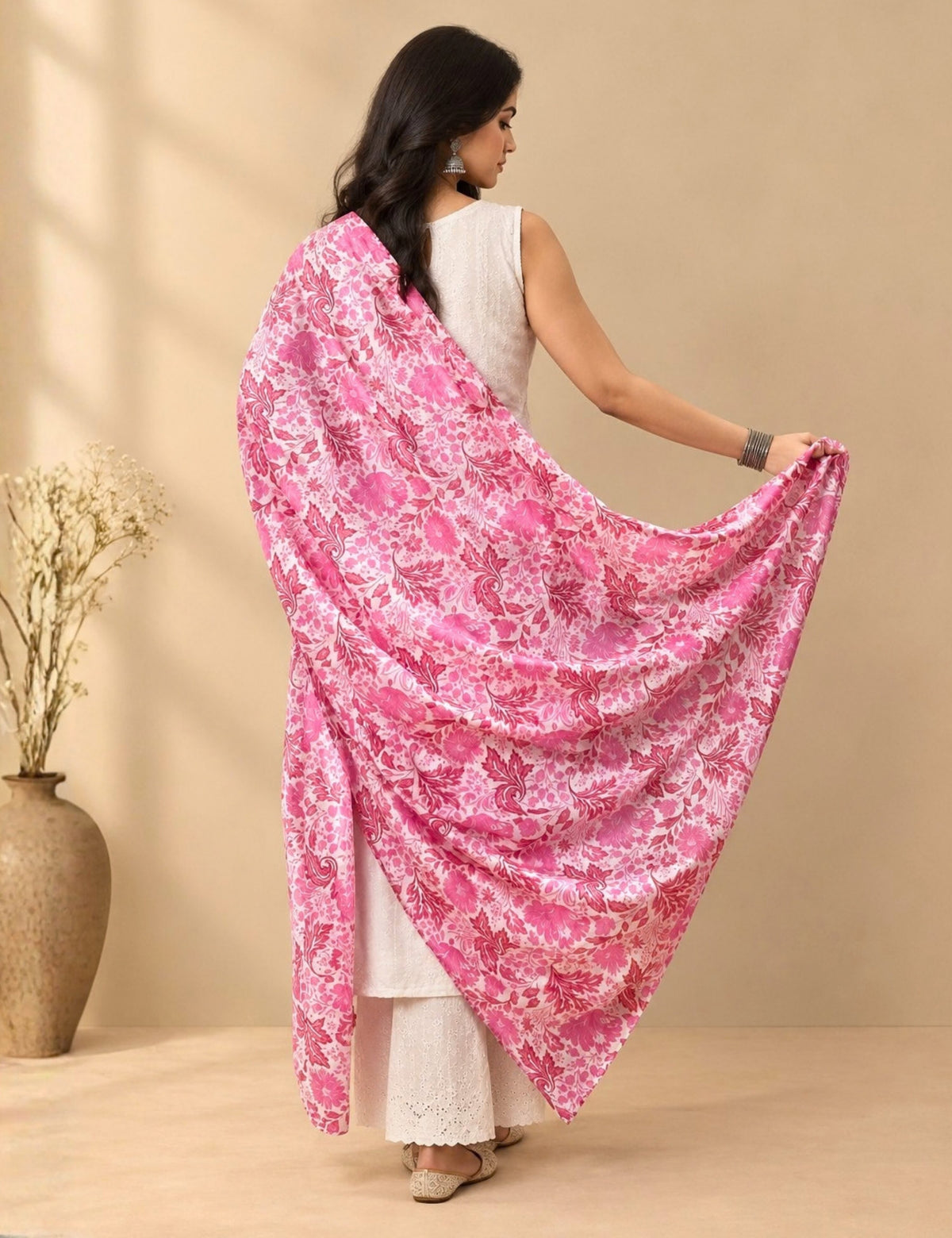 Floral Pink Cotton Dupatta