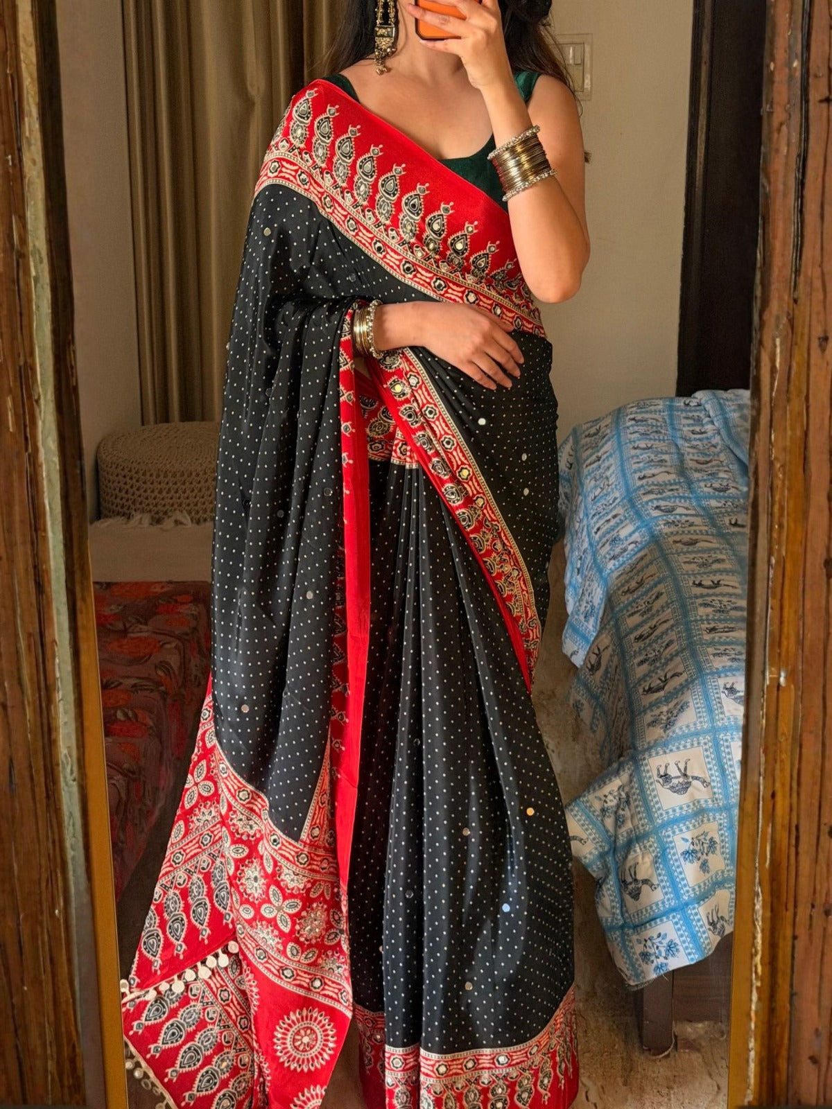 Ajrakh Crepe Silk Mirror Work Saree