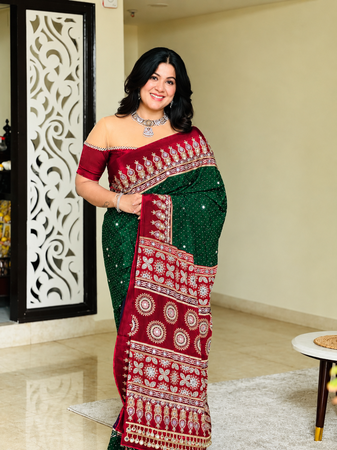 Ajrakh Crepe Silk Mirror Work Saree