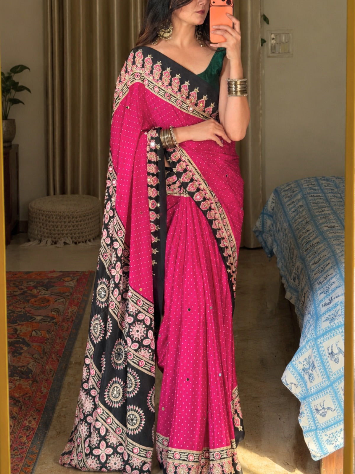Ajrakh Crepe Silk Mirror Work Saree