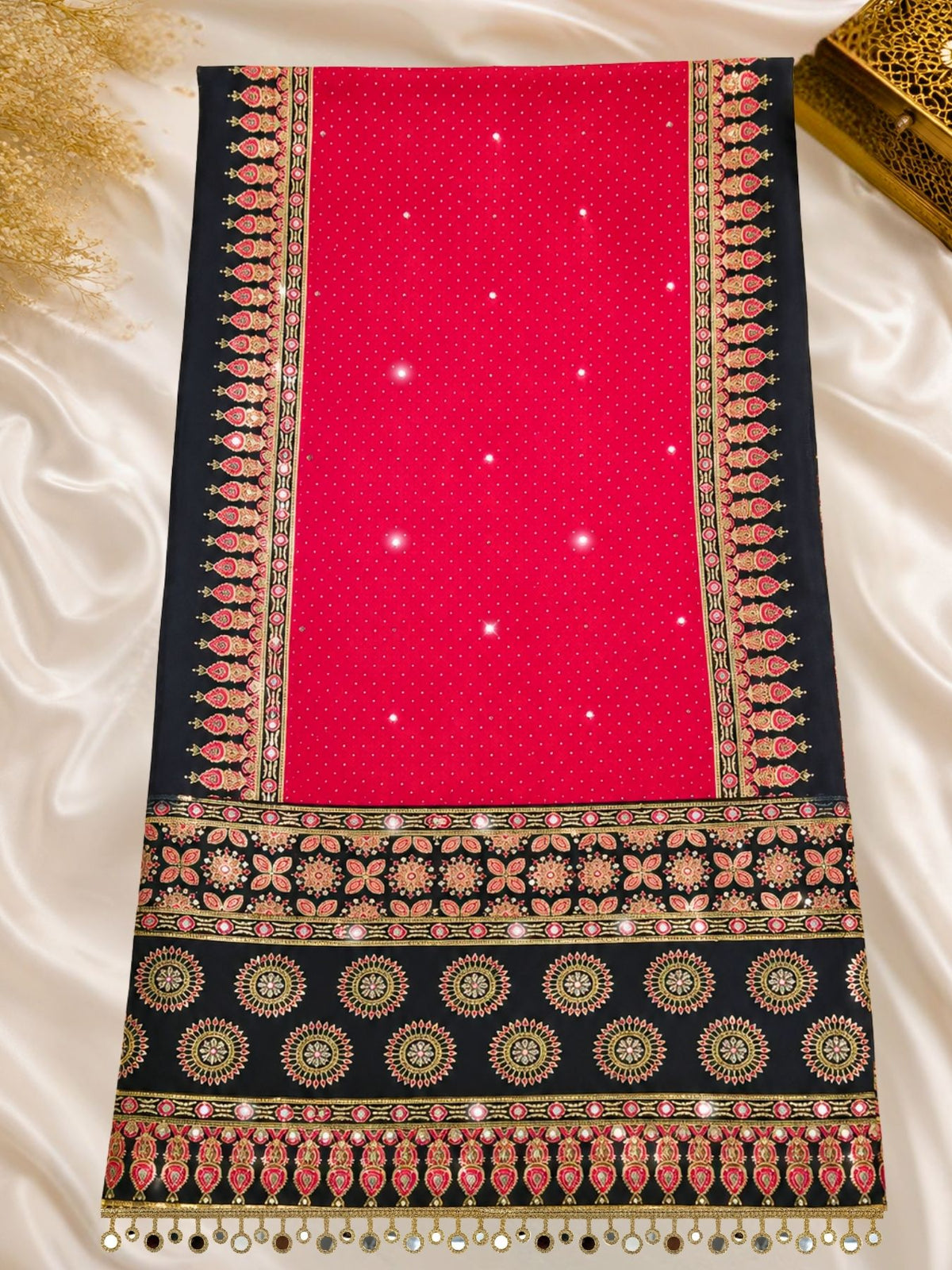 Ajrakh Crepe Silk Mirror Work Saree