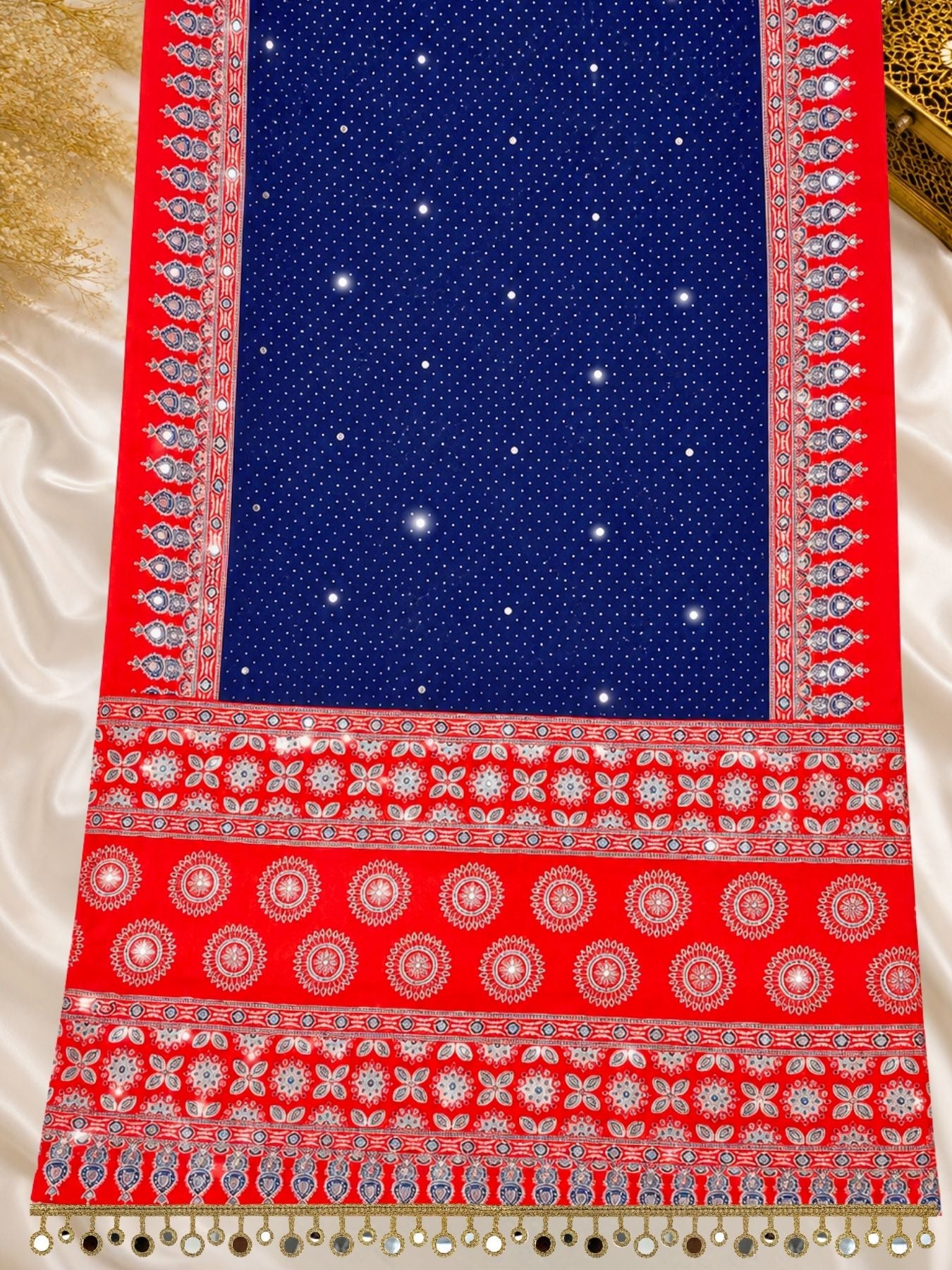 Ajrakh Crepe Silk Mirror Work Saree