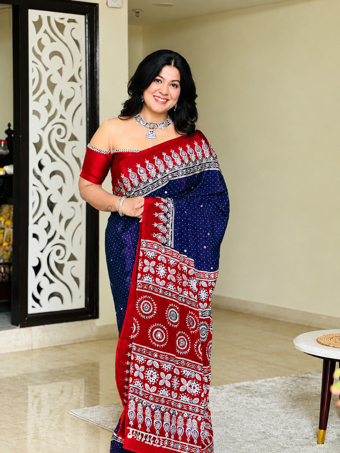 Ajrakh Crepe Silk Mirror Work Saree