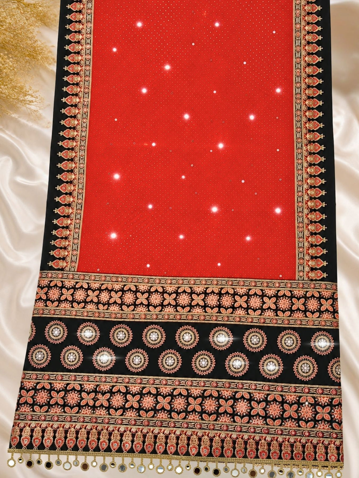 Ajrakh Crepe Silk Mirror Work Saree