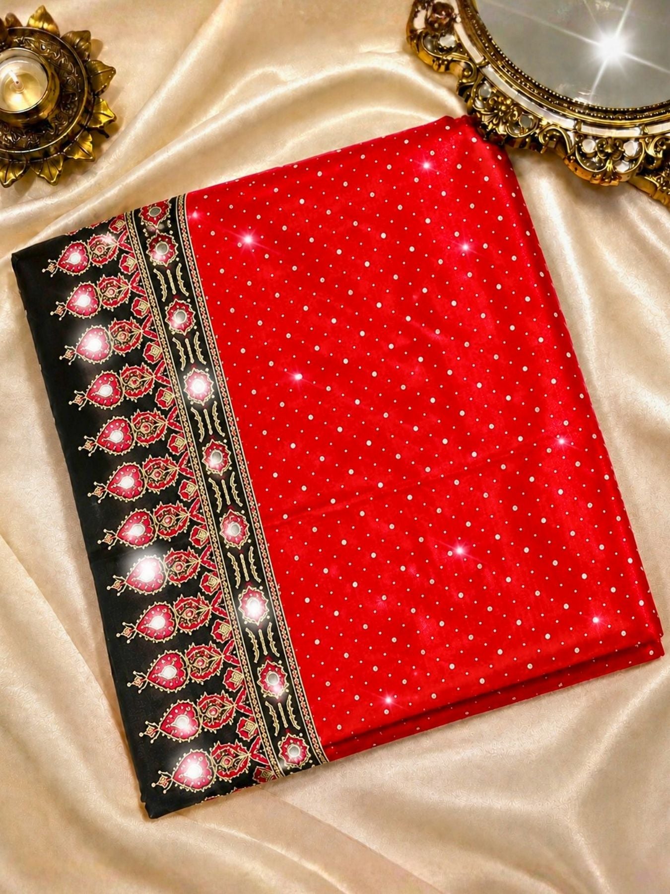Ajrakh Crepe Silk Mirror Work Saree