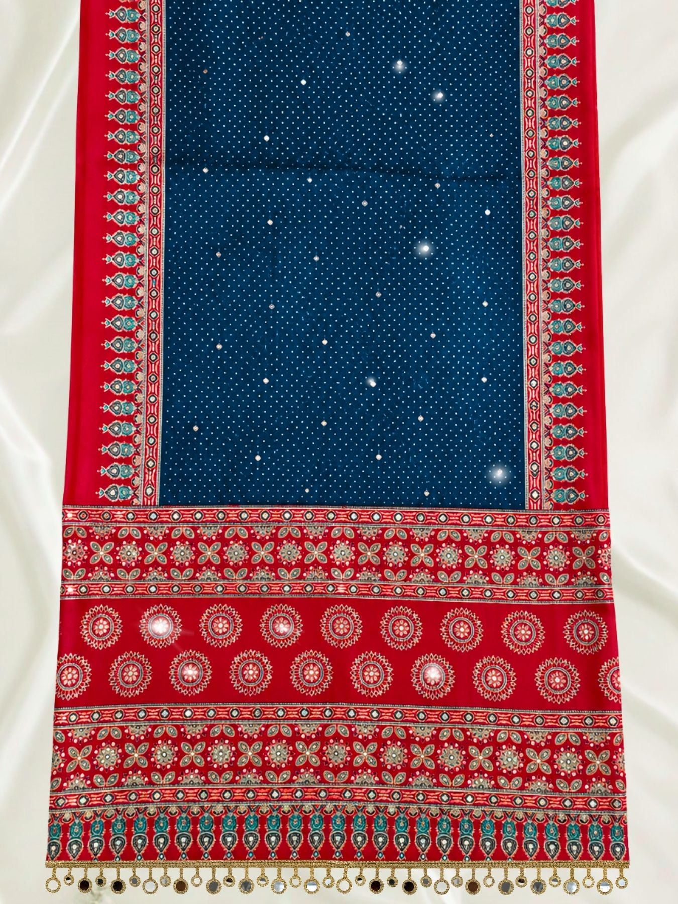Ajrakh Crepe Silk Mirror Work Saree