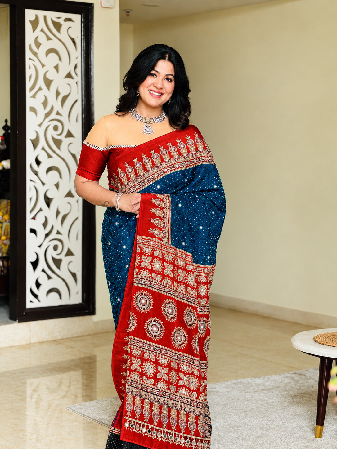 Ajrakh Crepe Silk Mirror Work Saree