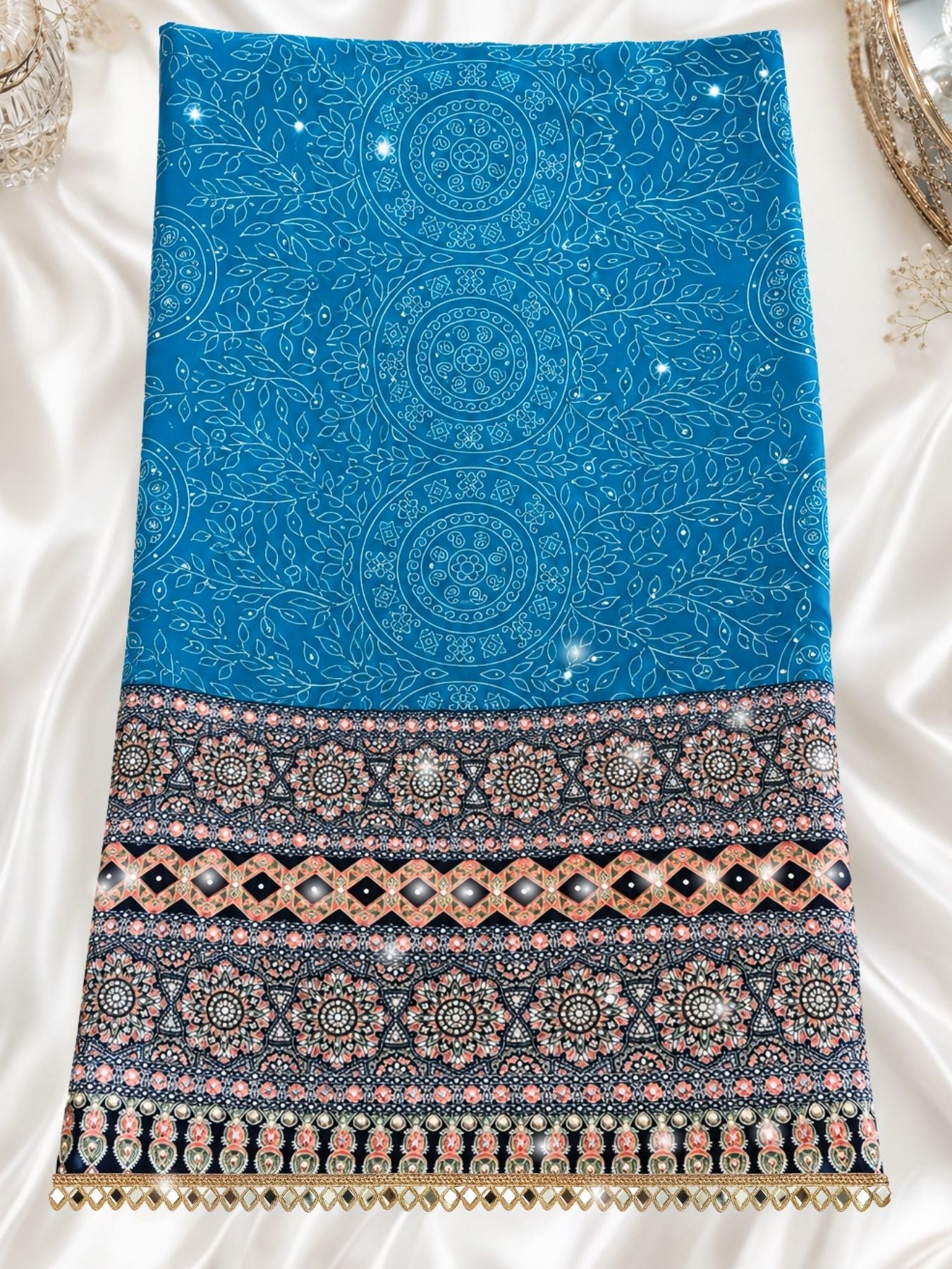 Ajrakh Crepe Silk Mirror Work Saree
