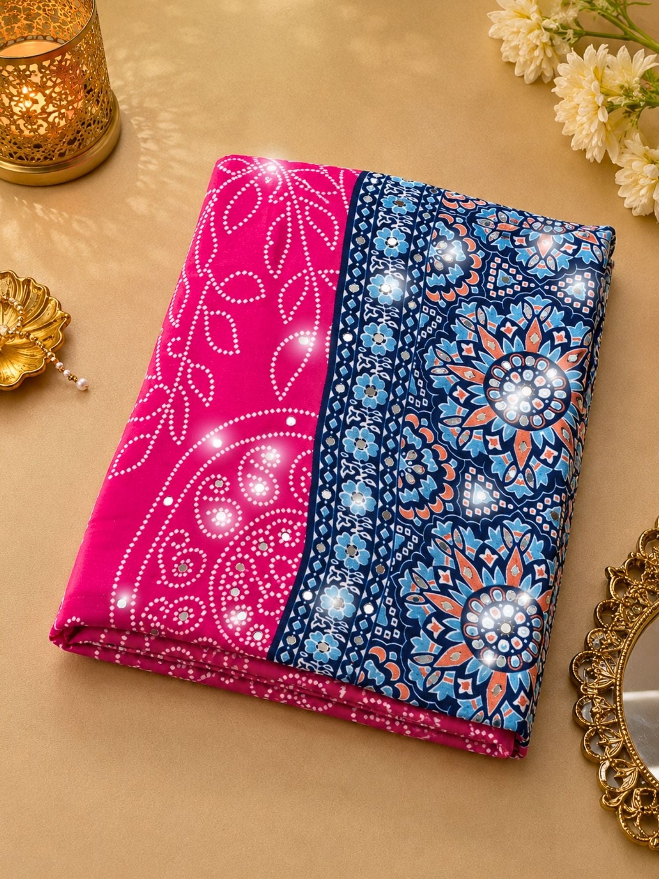 Ajrakh Crepe Silk Mirror Work Saree