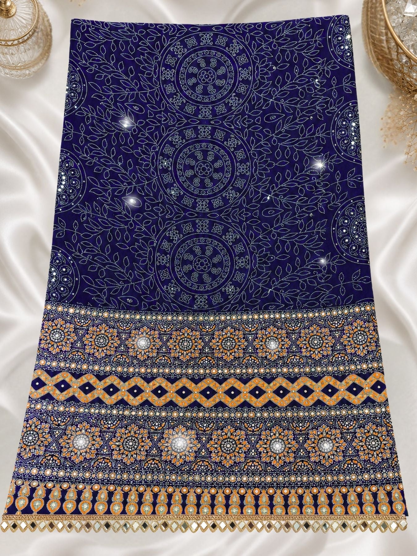 Ajrakh Crepe Silk Mirror Work Saree