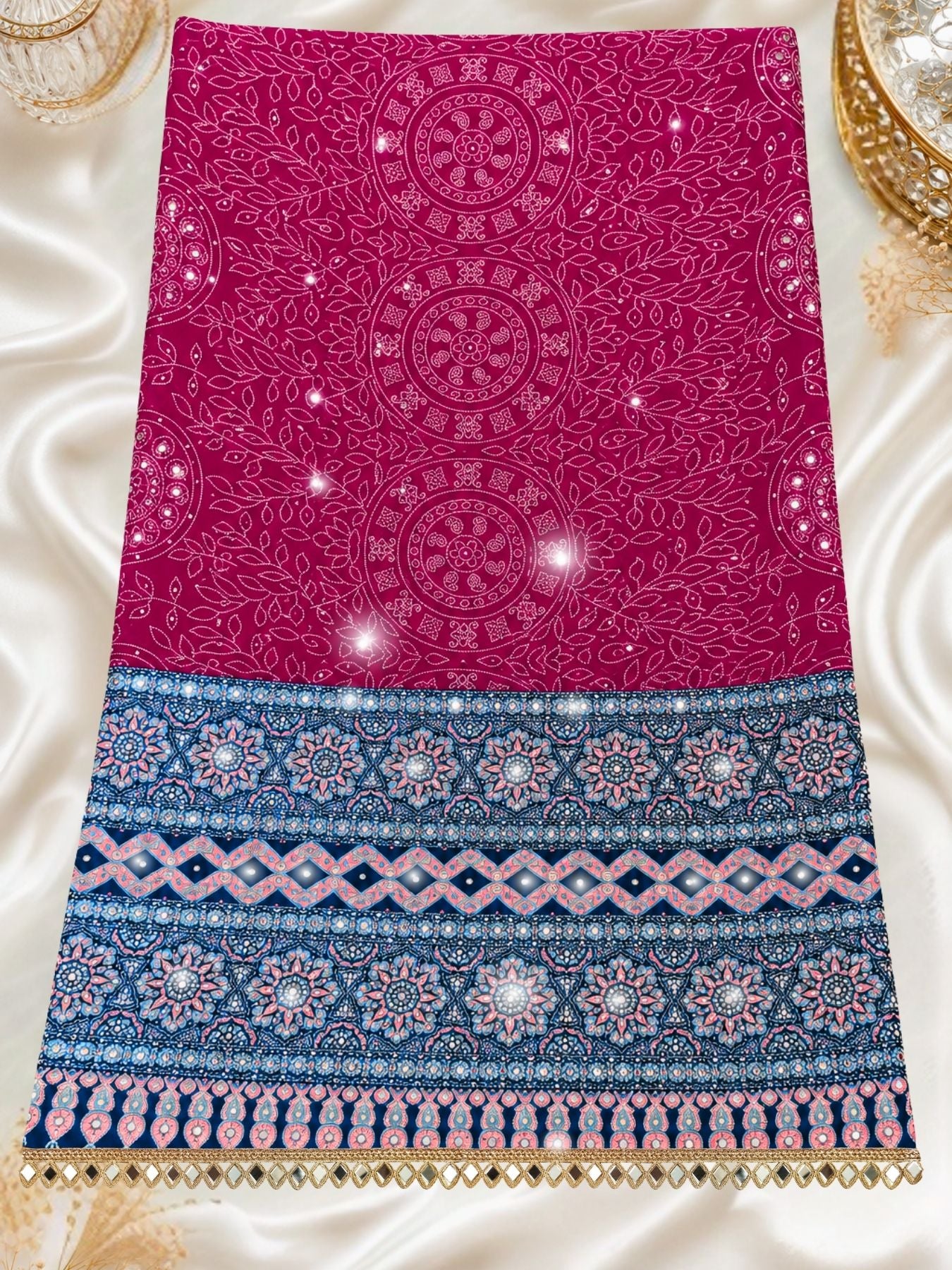 Ajrakh Crepe Silk Mirror Work Saree