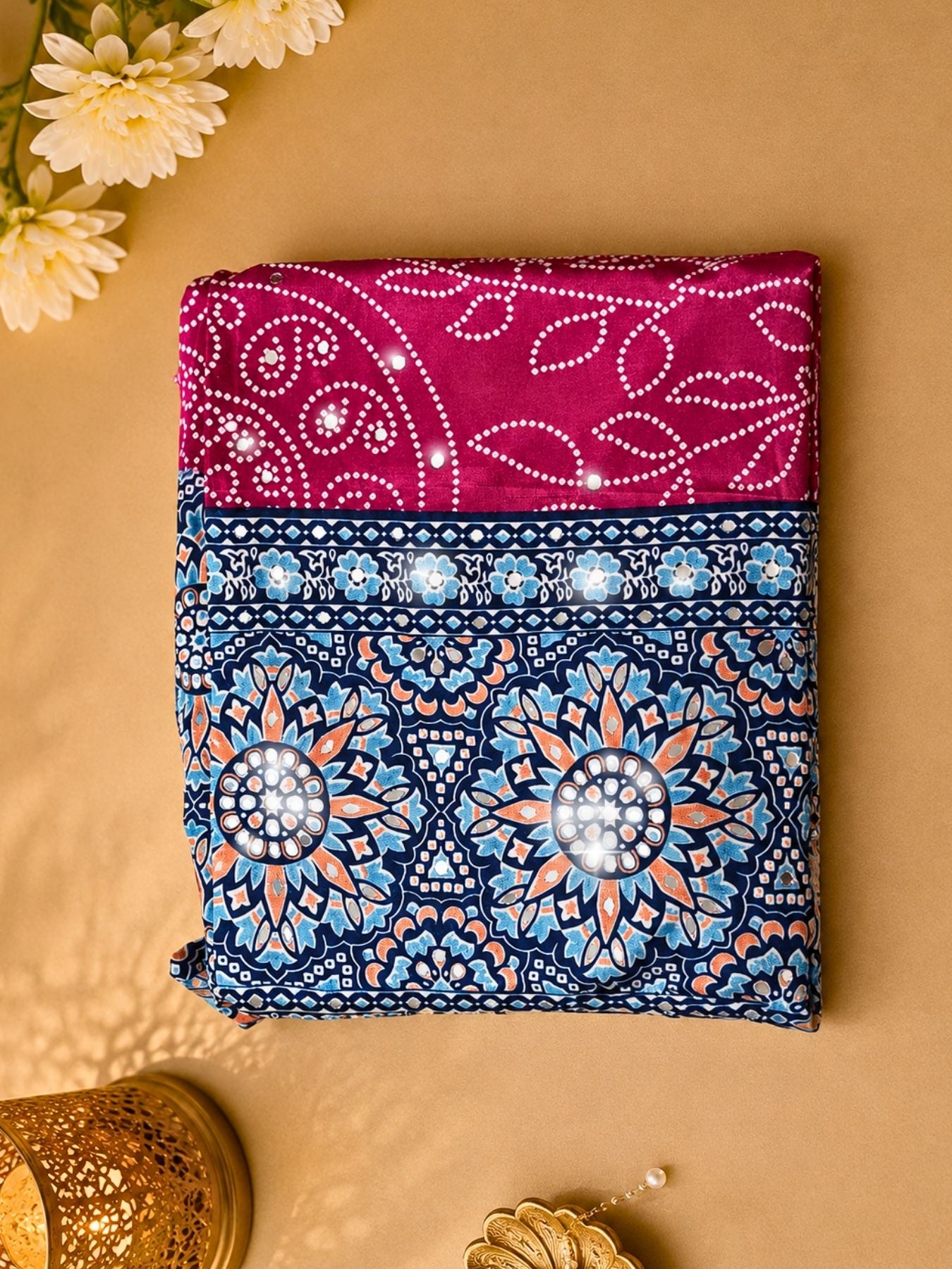 Ajrakh Crepe Silk Mirror Work Saree