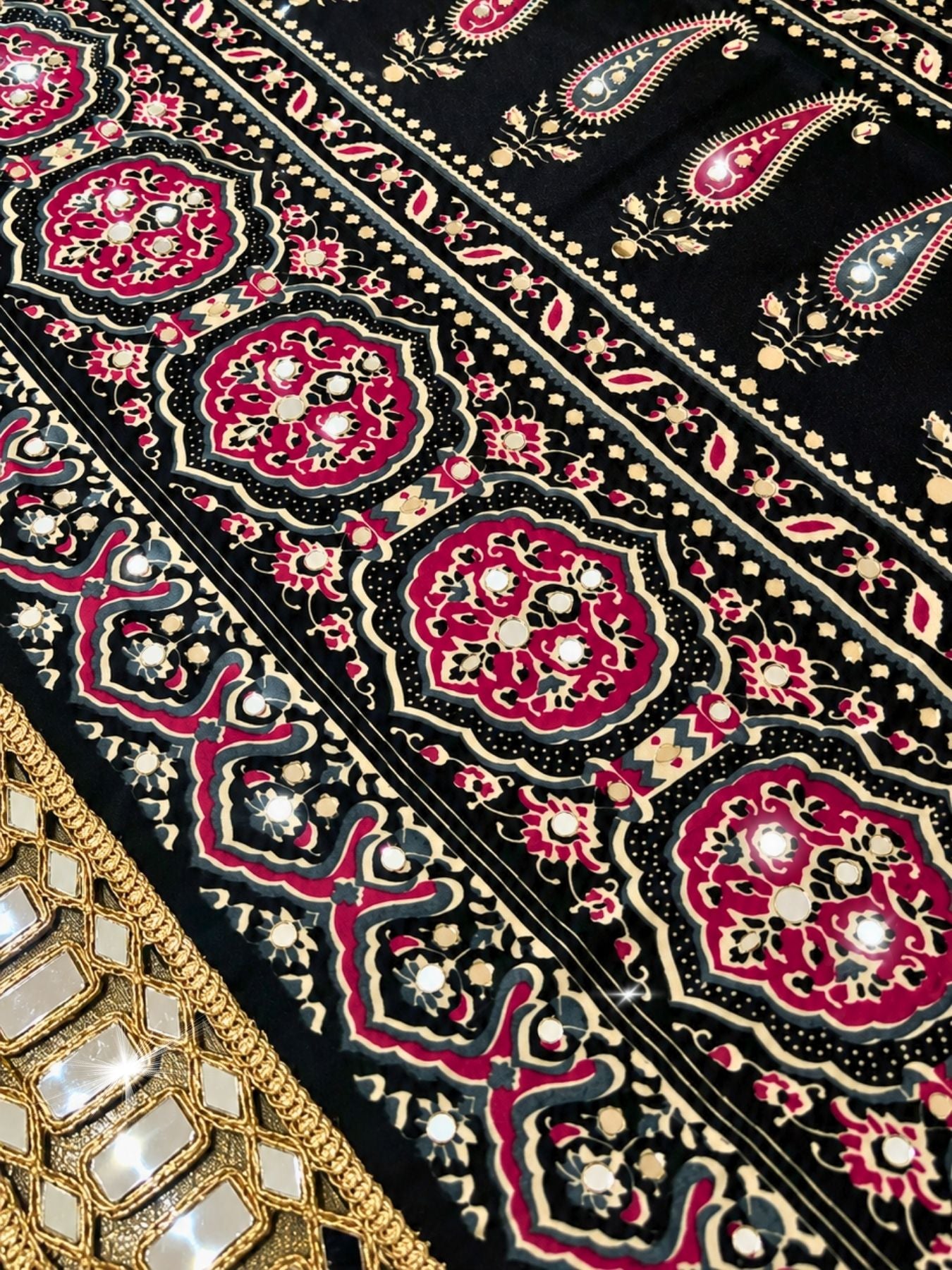 Ajrakh Crepe Silk Mirror Work Saree