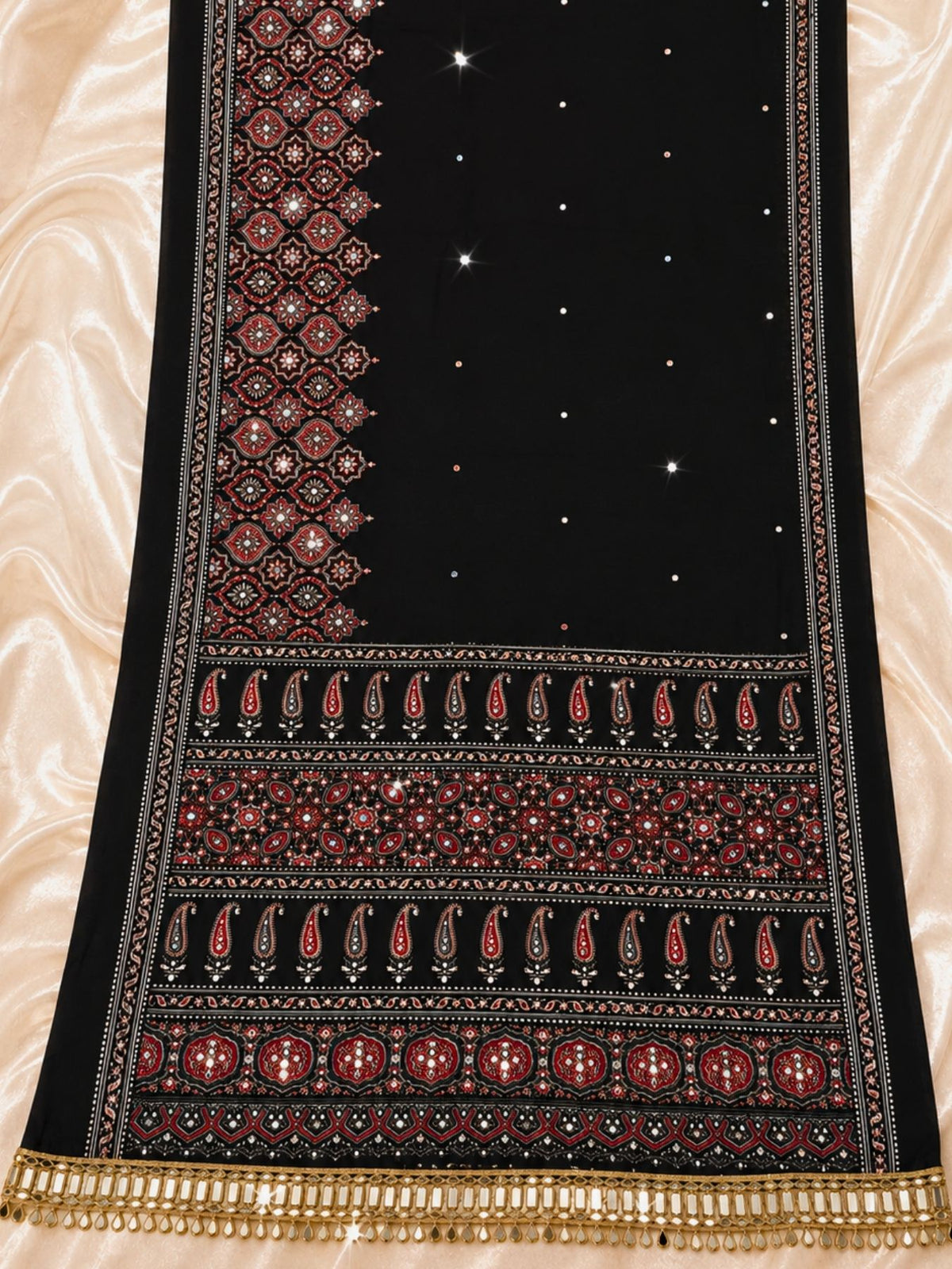 Ajrakh Crepe Silk Mirror Work Saree