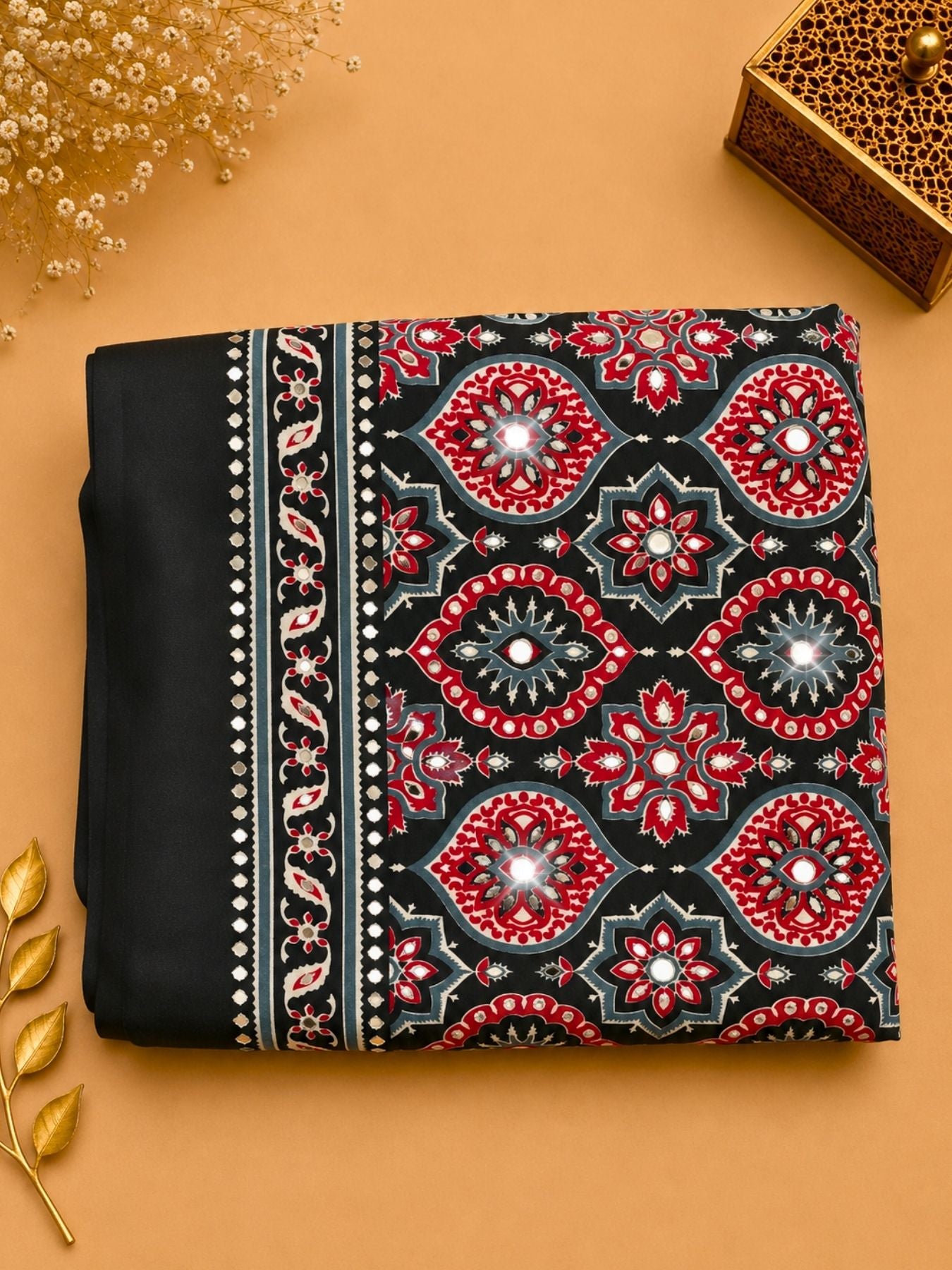 Ajrakh Crepe Silk Mirror Work Saree